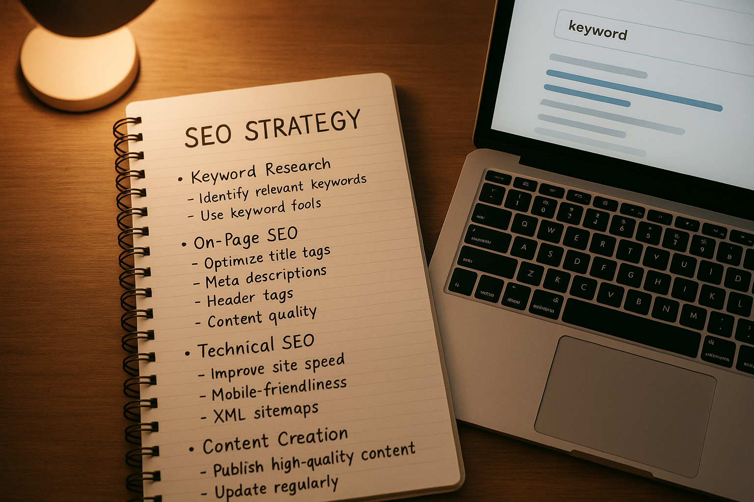 Keyword research notes beside a laptop running an SEO tool interface