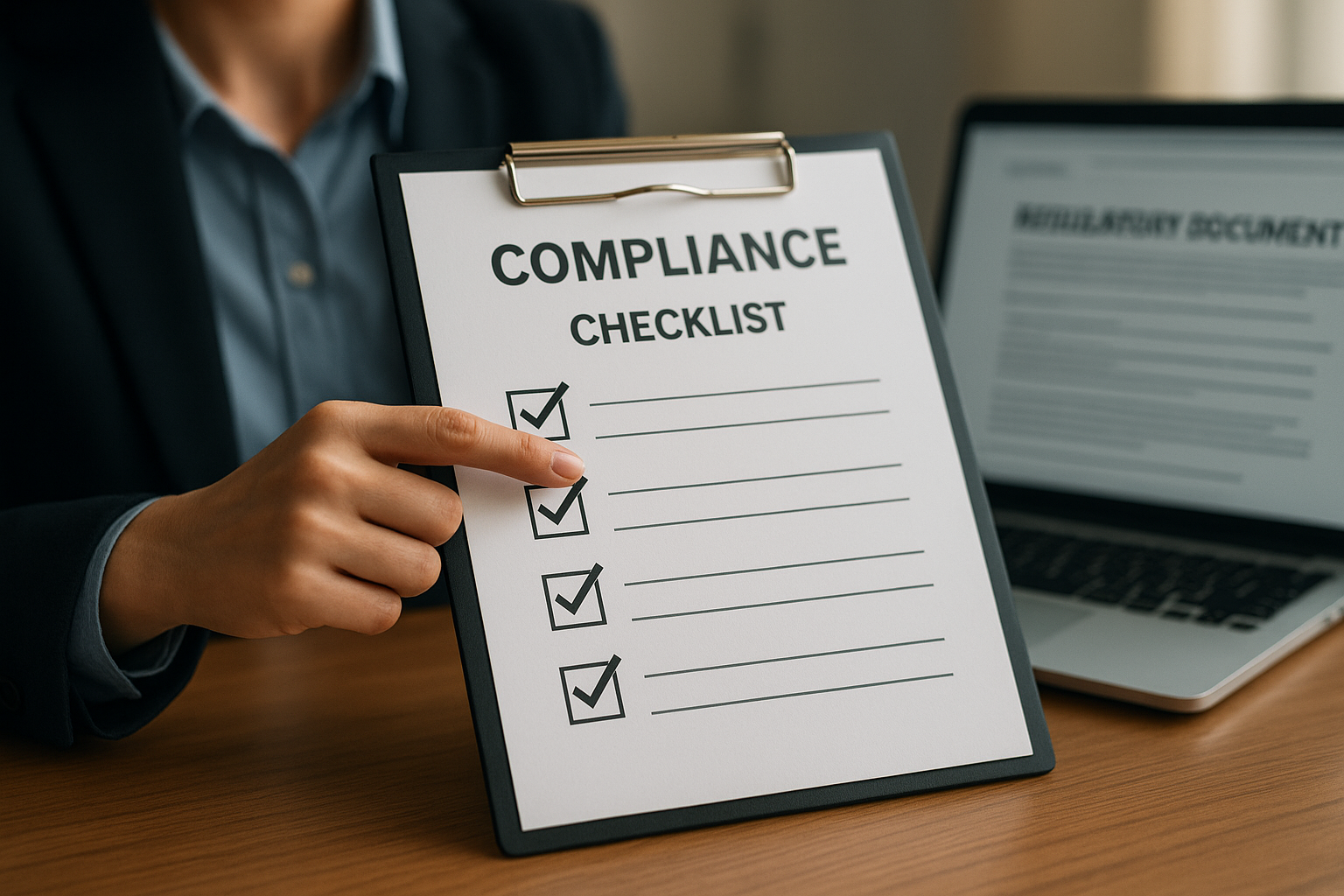 HR compliance specialist reviewing benefits compliance checklist managed by outsourcing company