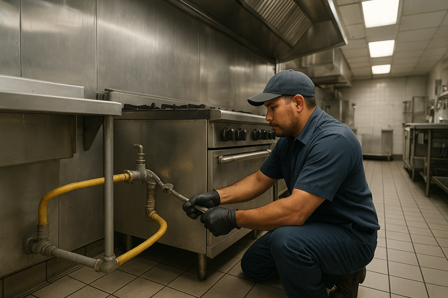 B850ecce_commercial-gas-line-service Plumber servicing a commercial kitchen natural gas line in a Kaufman County restaurant