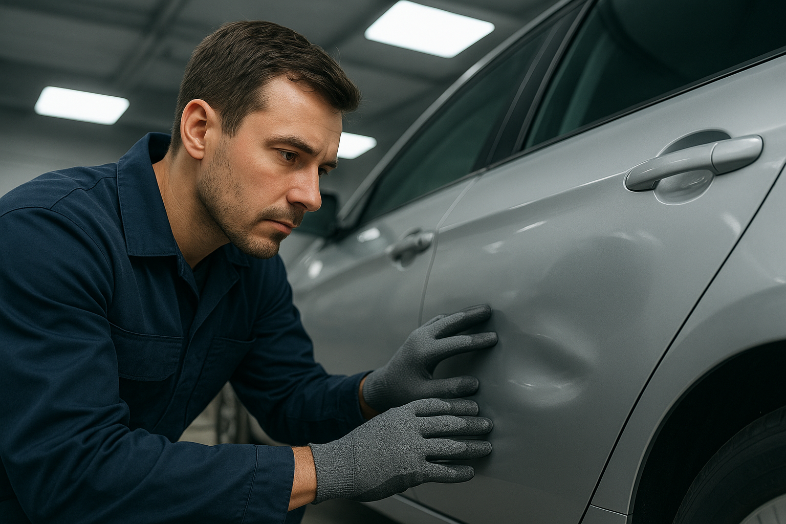 Technician inspecting dent damage during domestic and foreign vehicle body repair
