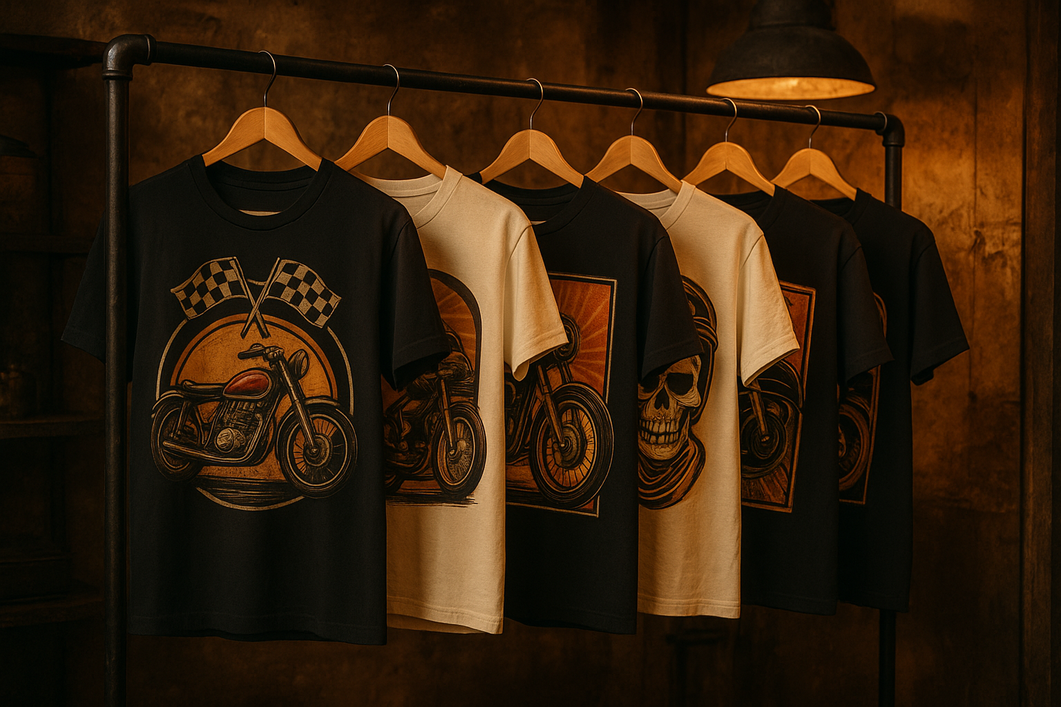 Rack of finished vintage-inspired graphic T-shirts with bold motor culture designs