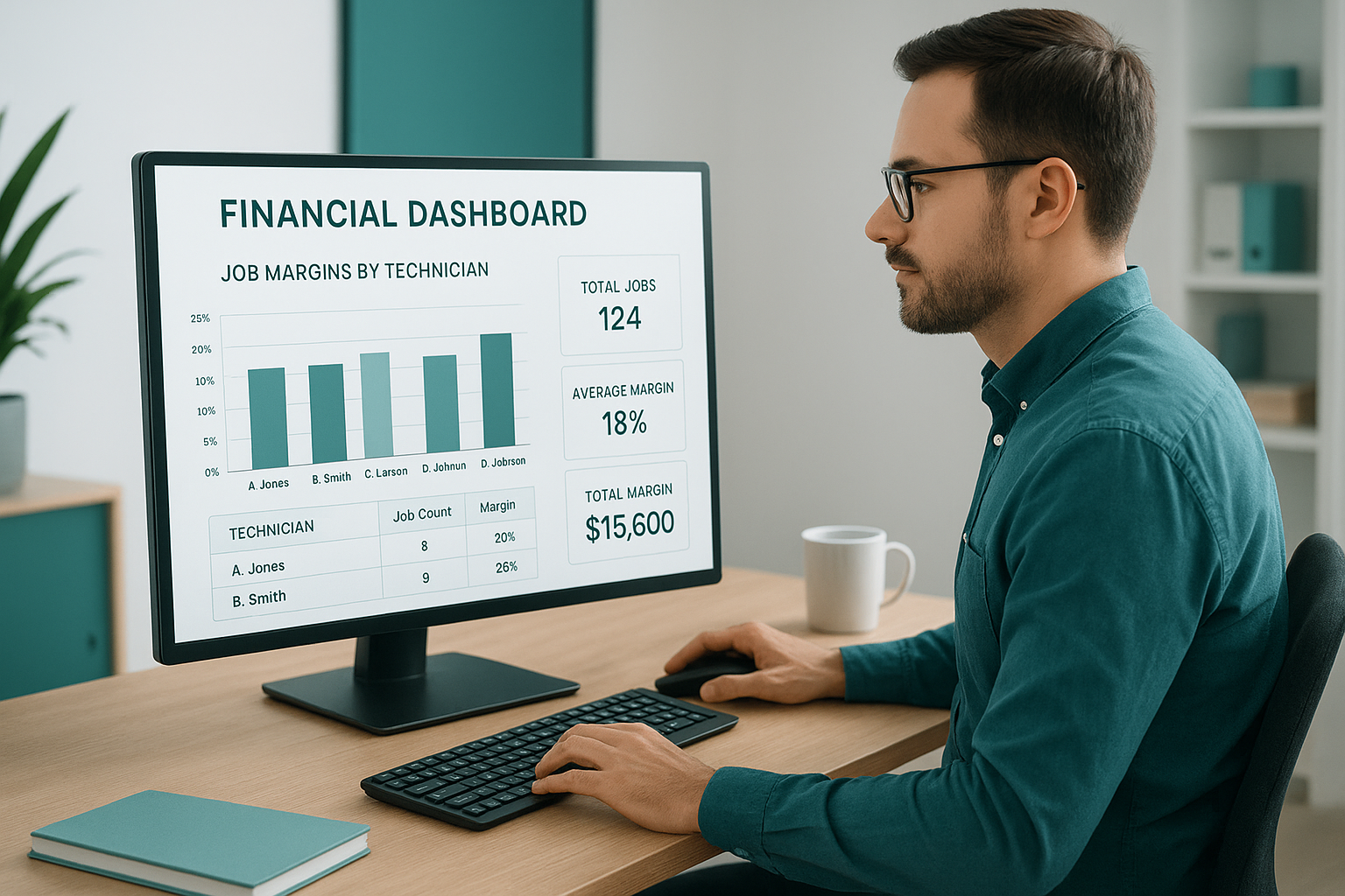 Business owner reviewing job margin data on a financial dashboard