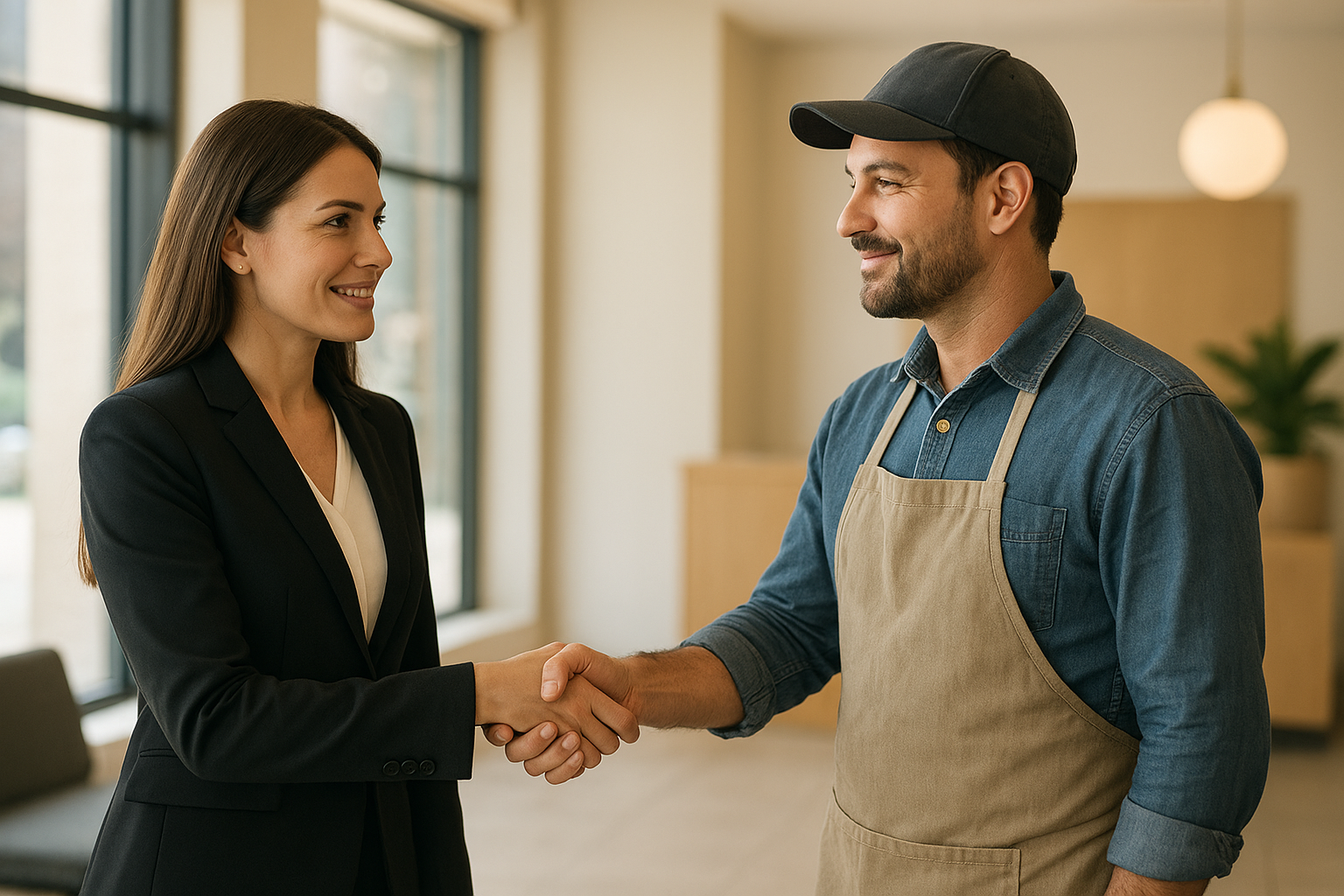 HR strategist and small business owner shaking hands after a planning meeting
