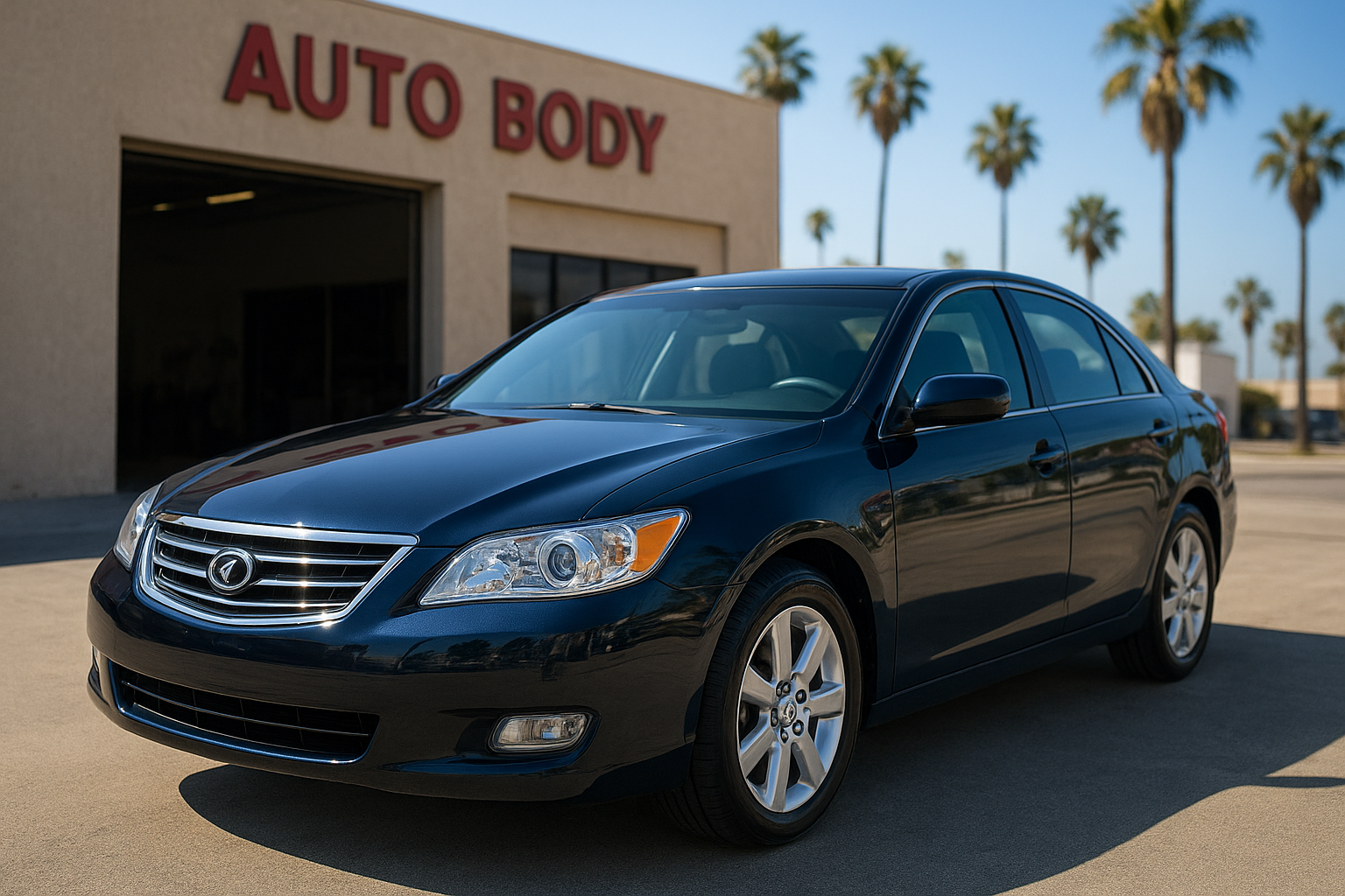 Freshly painted sedan with glossy finish after full vehicle paint services