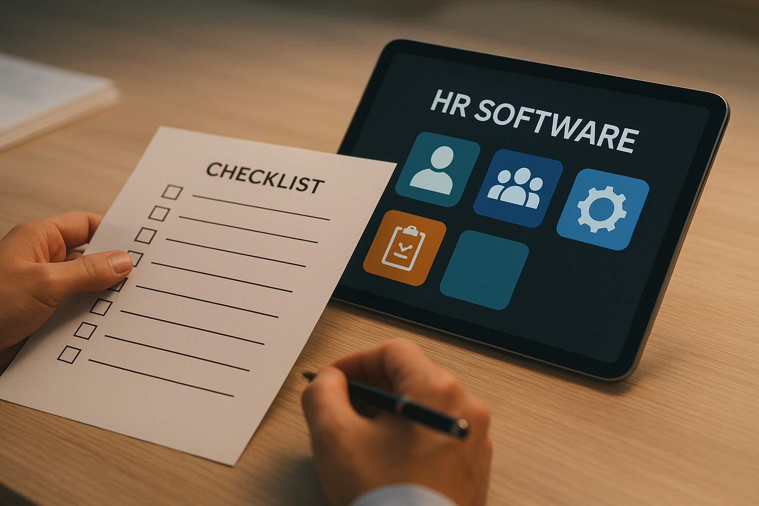 Checklist for choosing an HR automation platform displayed on a tablet screen