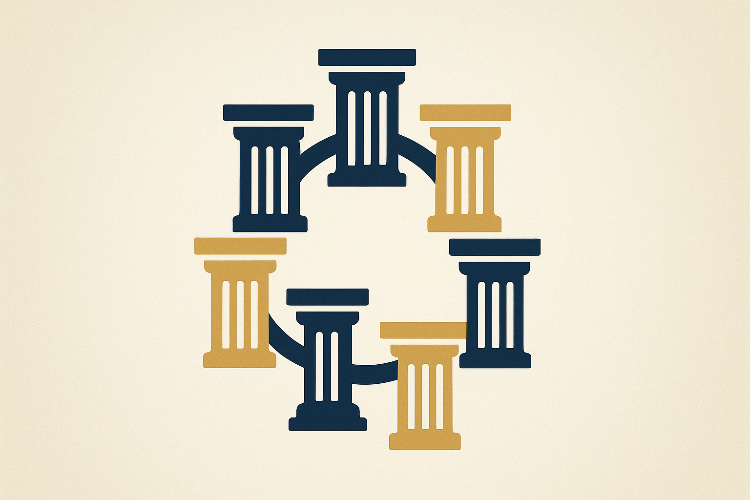Six interlocking pillars representing a responsible AI implementation framework for healthcare organizations