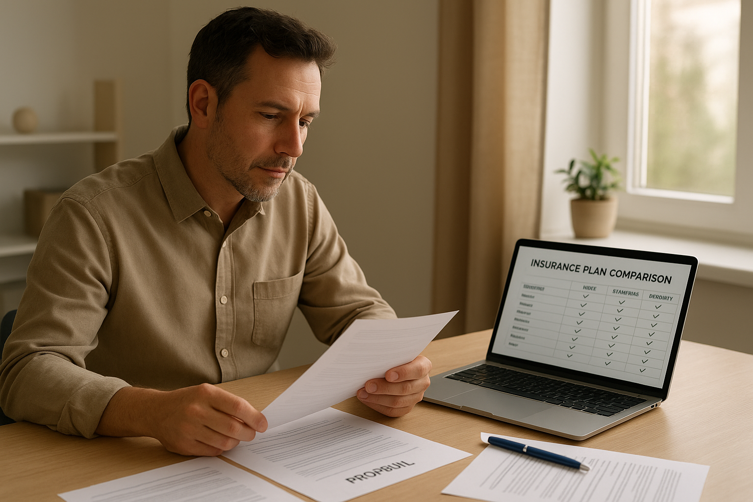 Business leader comparing proposals from multiple benefits vendors at a desk