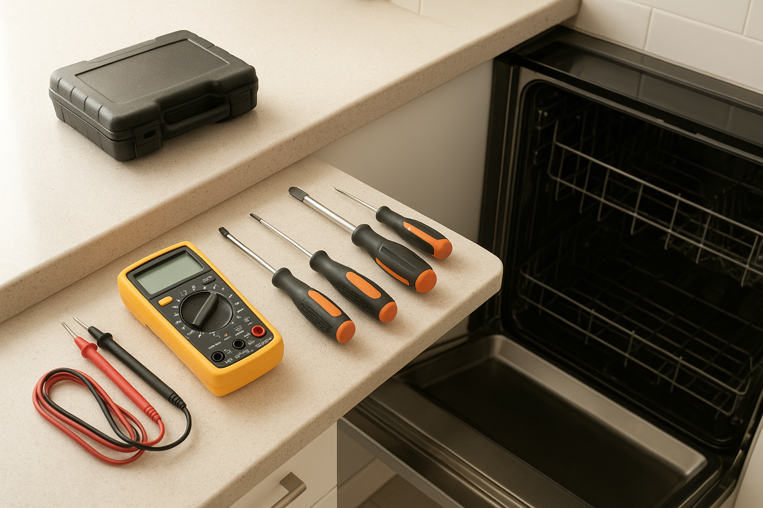 Diagnostic toolkit used for fast appliance repair inspections in a home kitchen