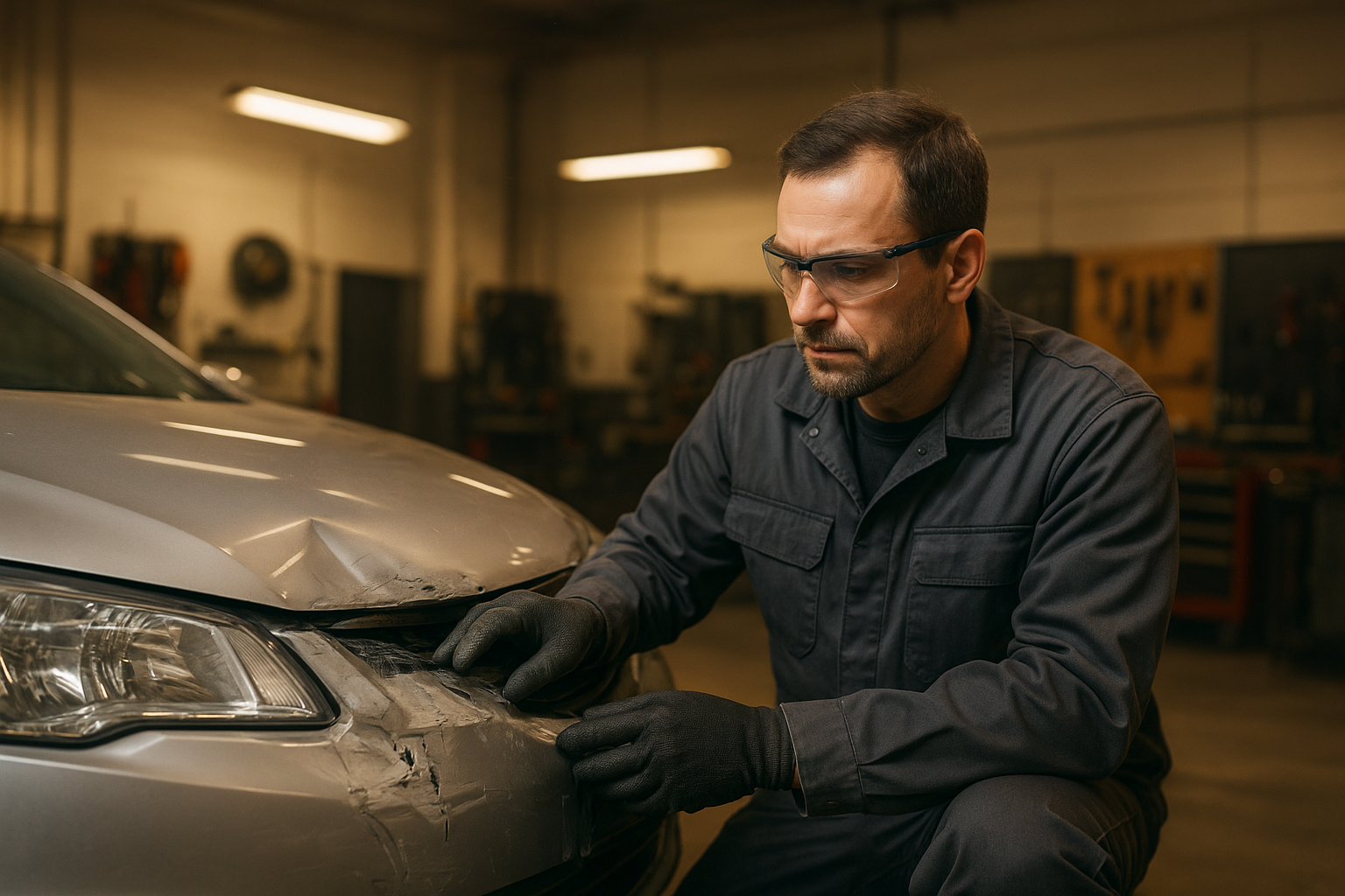 Bridge auto body technician inspecting collision damage on a silver sedan in a professional repair shop