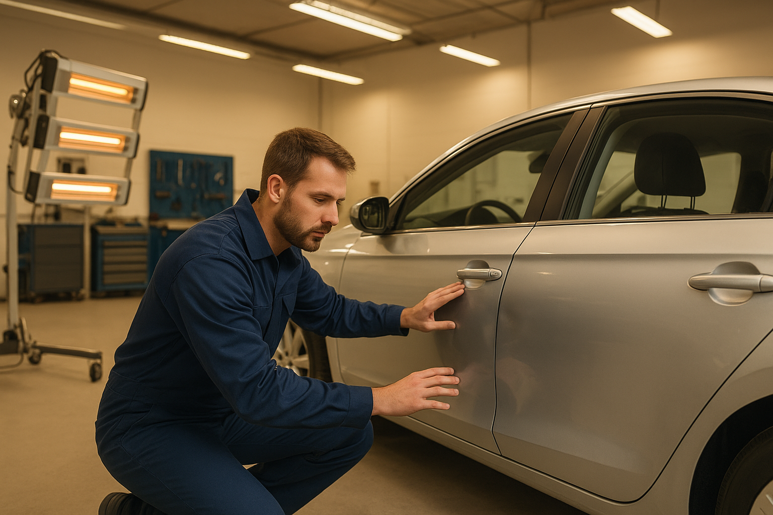 Certified technician inspecting a vehicle at a professional body shop near me