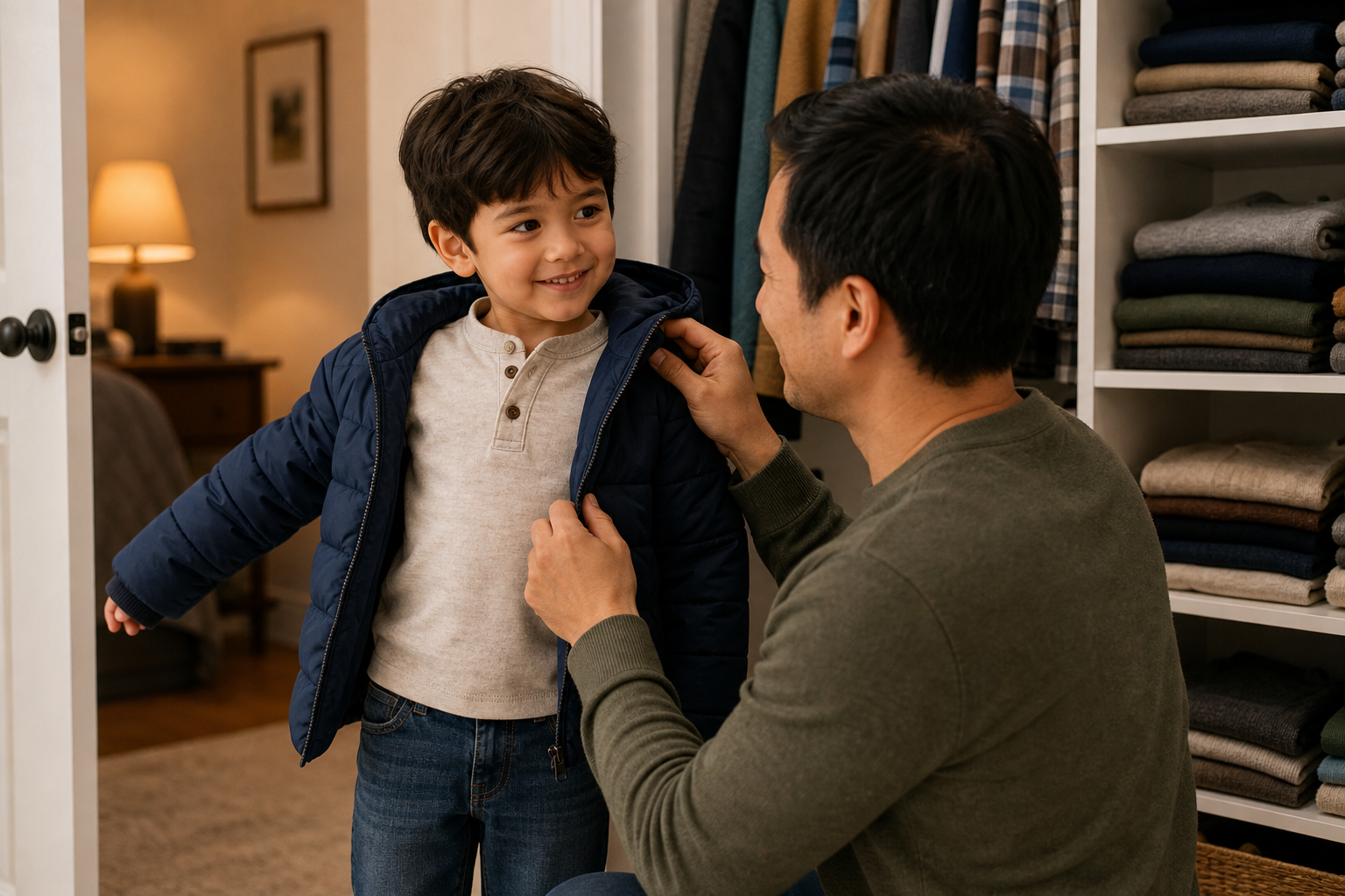Parent helping child try on everyday rental clothing at home