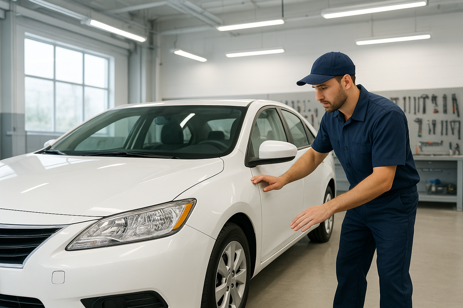 Certified auto body shop in California technician inspecting vehicle damage under bright workshop lighting