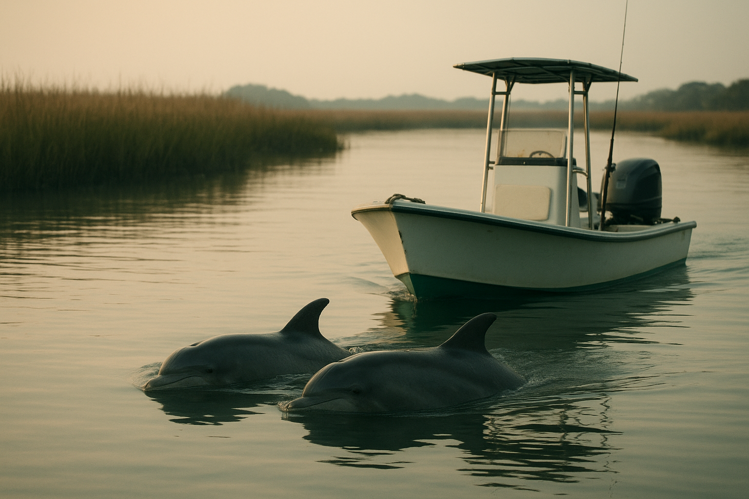 Dolphins swimming beside a private boat during a wildlife tour with fishing North Myrtle Beach
