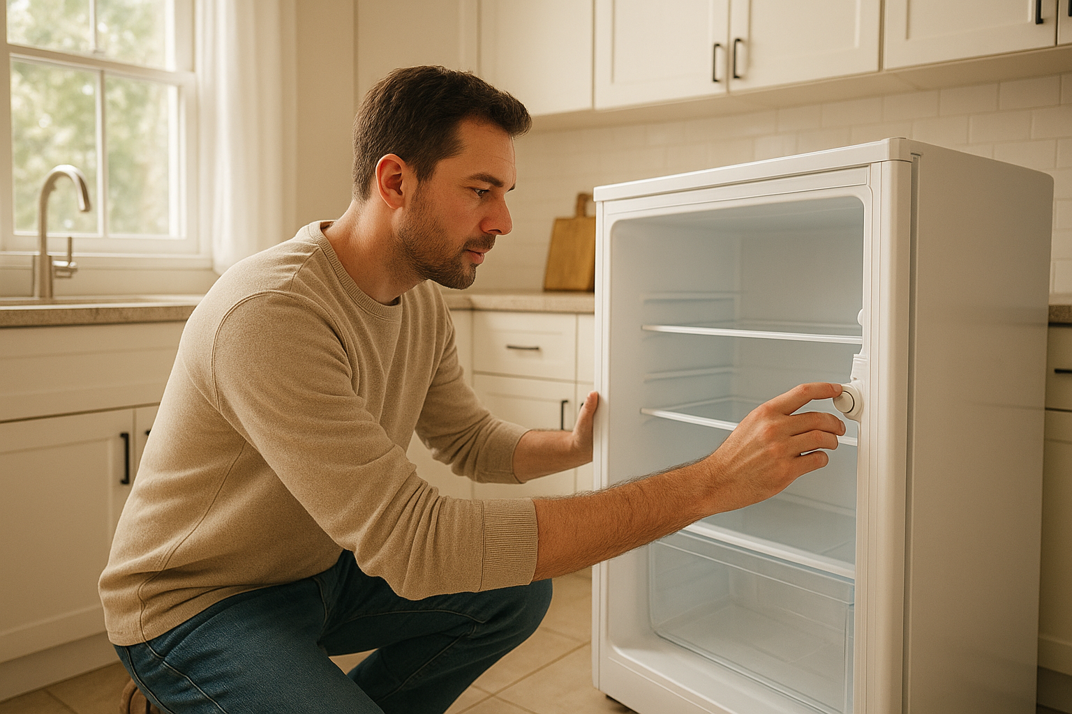 Homeowner using appliance troubleshooting tips to check a refrigerator temperature setting