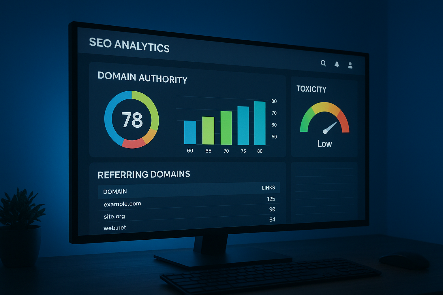 Backlink SEO checker dashboard displaying domain authority scores and referring domain metrics