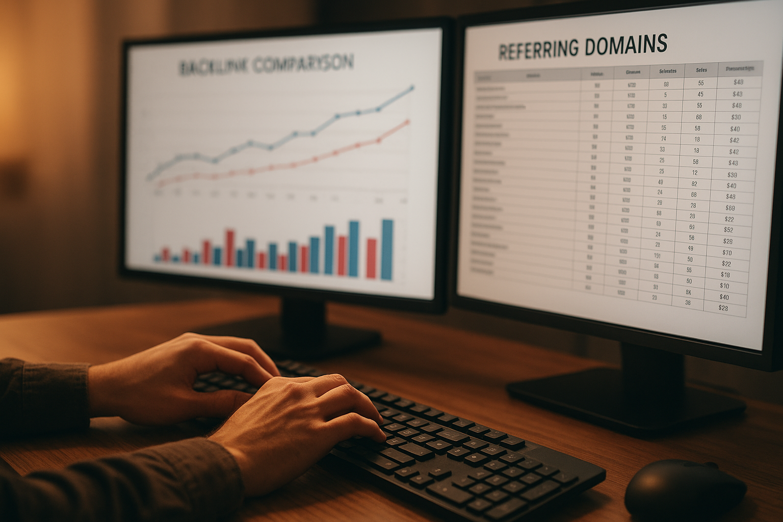 SEO analyst performing a competitor backlink search using dual monitors