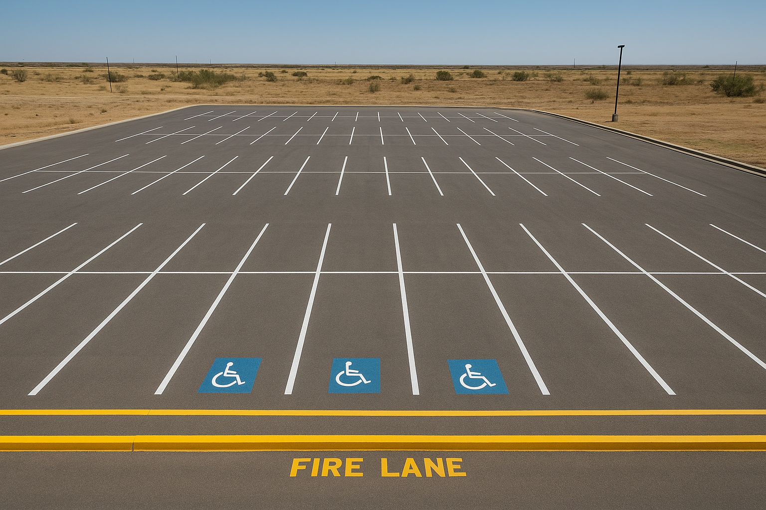 Aerial view of a freshly completed parking lot striping project in Amarillo Texas with white lines and ADA markings