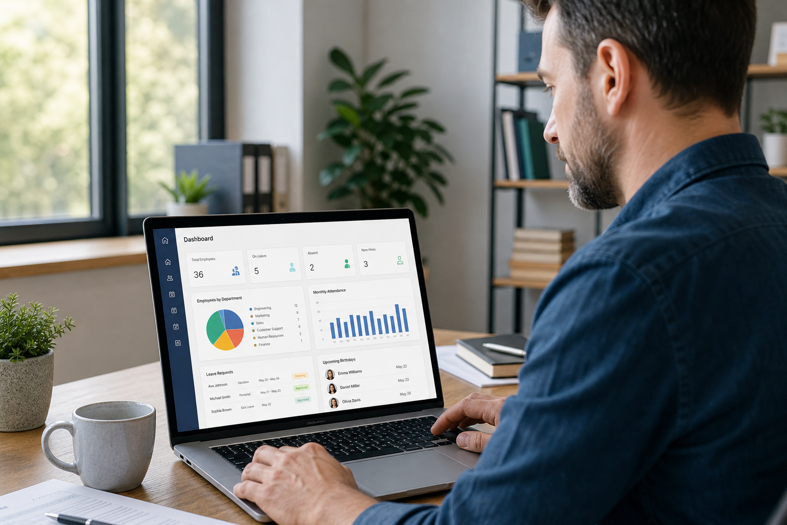 Small business owner reviewing HR technology solutions for small businesses on a laptop dashboard