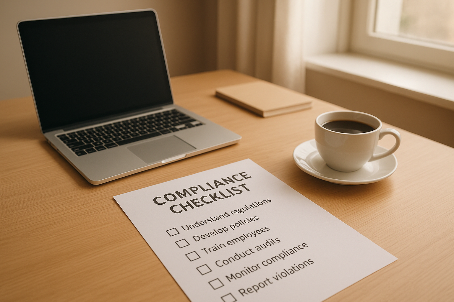 Desk workspace showing a checklist for legally required benefits compliance
