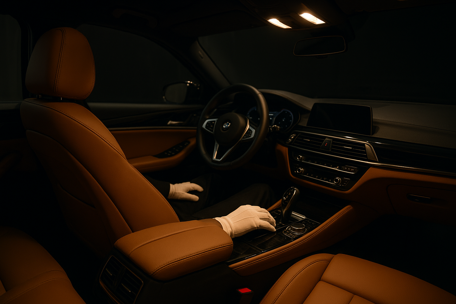 Chauffeur driving a luxury sedan interior during a long-distance Los Angeles car service