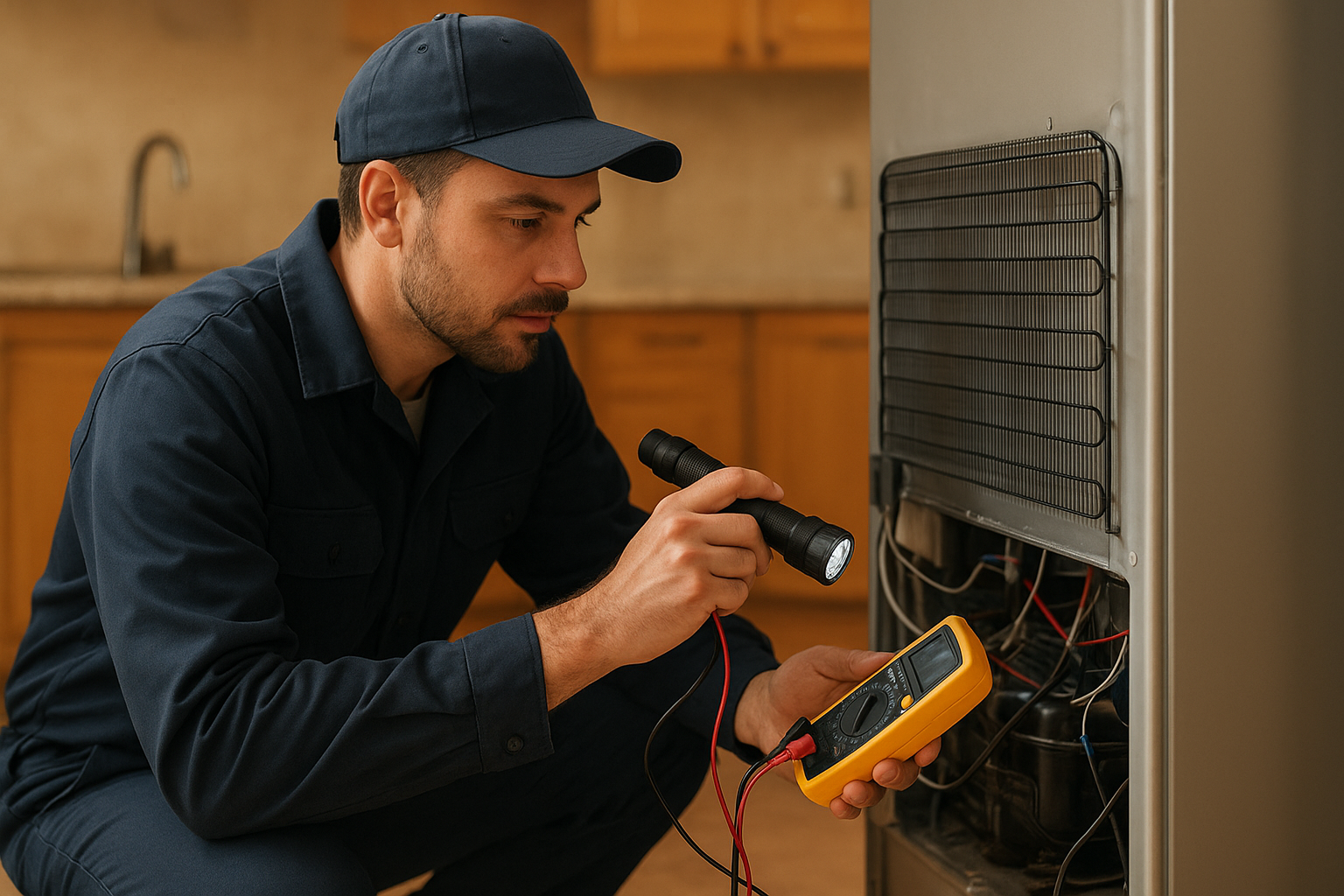 Technician diagnosing a refrigerator as part of affordable home appliance repair solutions