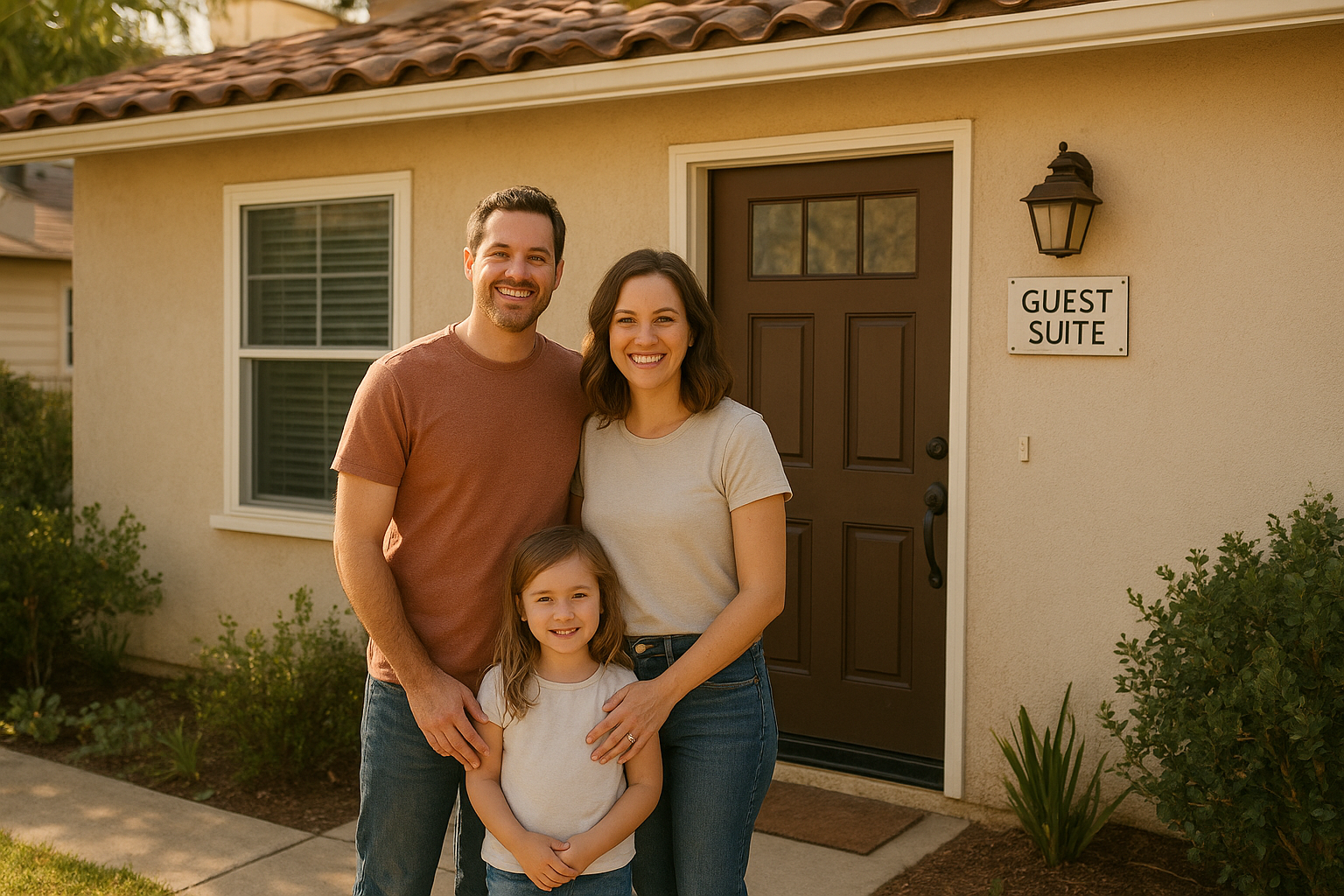 Family standing outside a junior ADU attached to their Southern California home