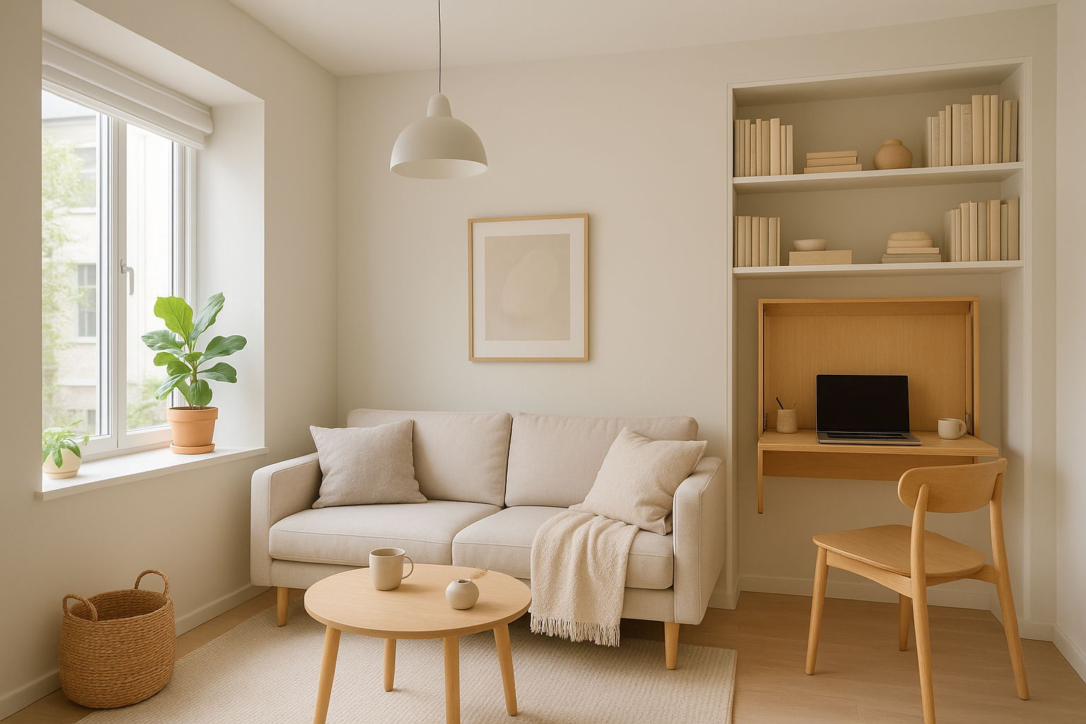 Bright compact living room with built-in storage in a small ADU