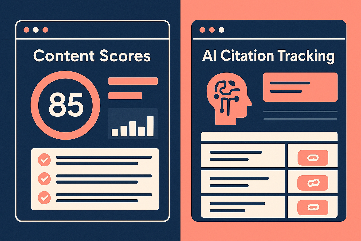Side-by-side comparison of SEO optimization software features including AI citation tracking