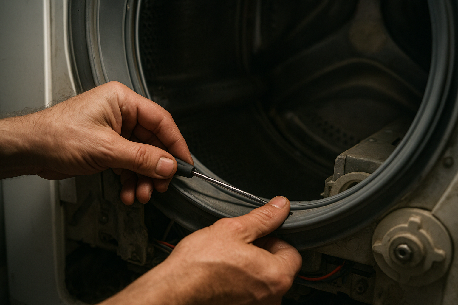 Technician inspecting washing machine panel while applying appliance troubleshooting tips