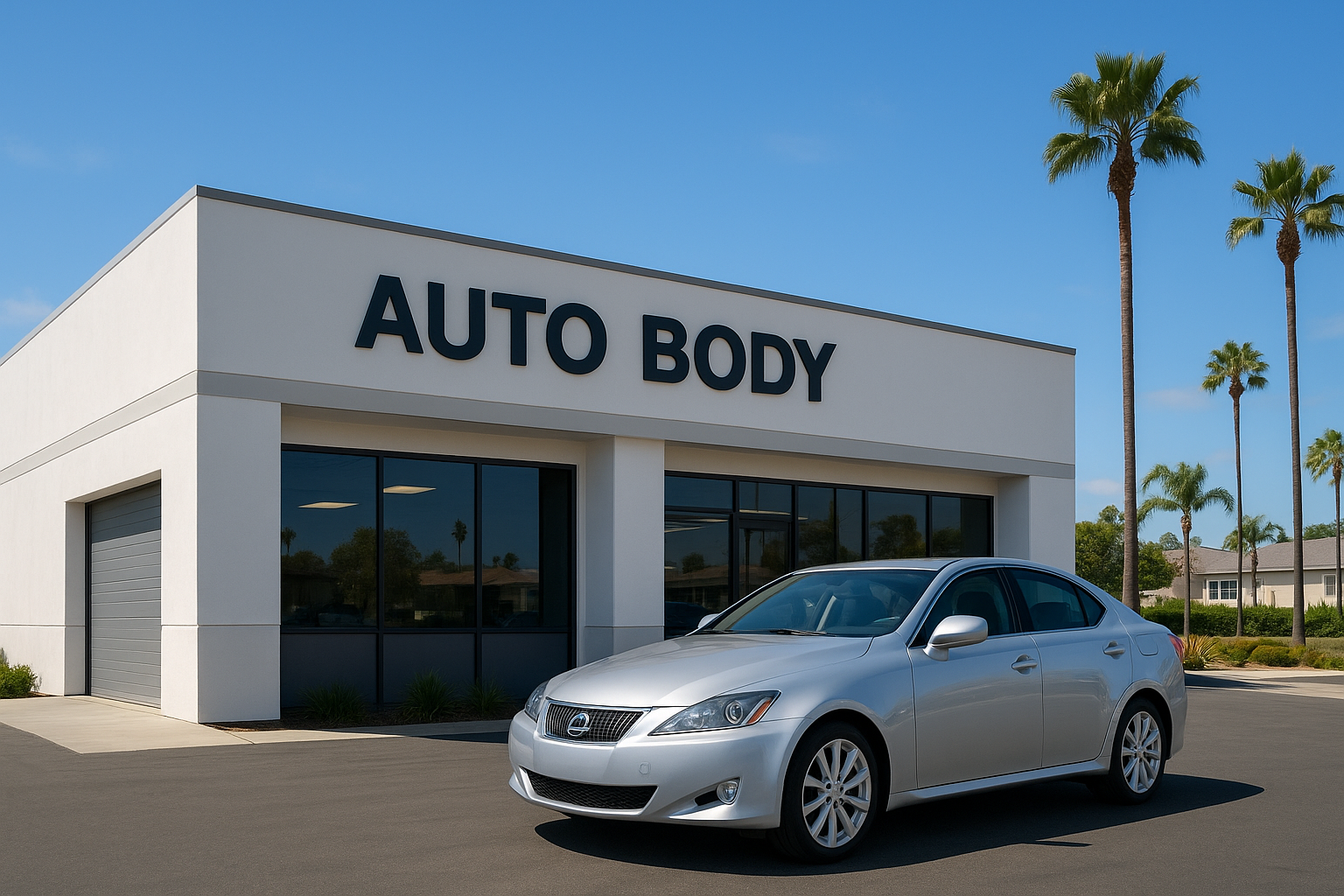 Modern auto body shop exterior in Southern California specializing in foreign vehicle collision repair