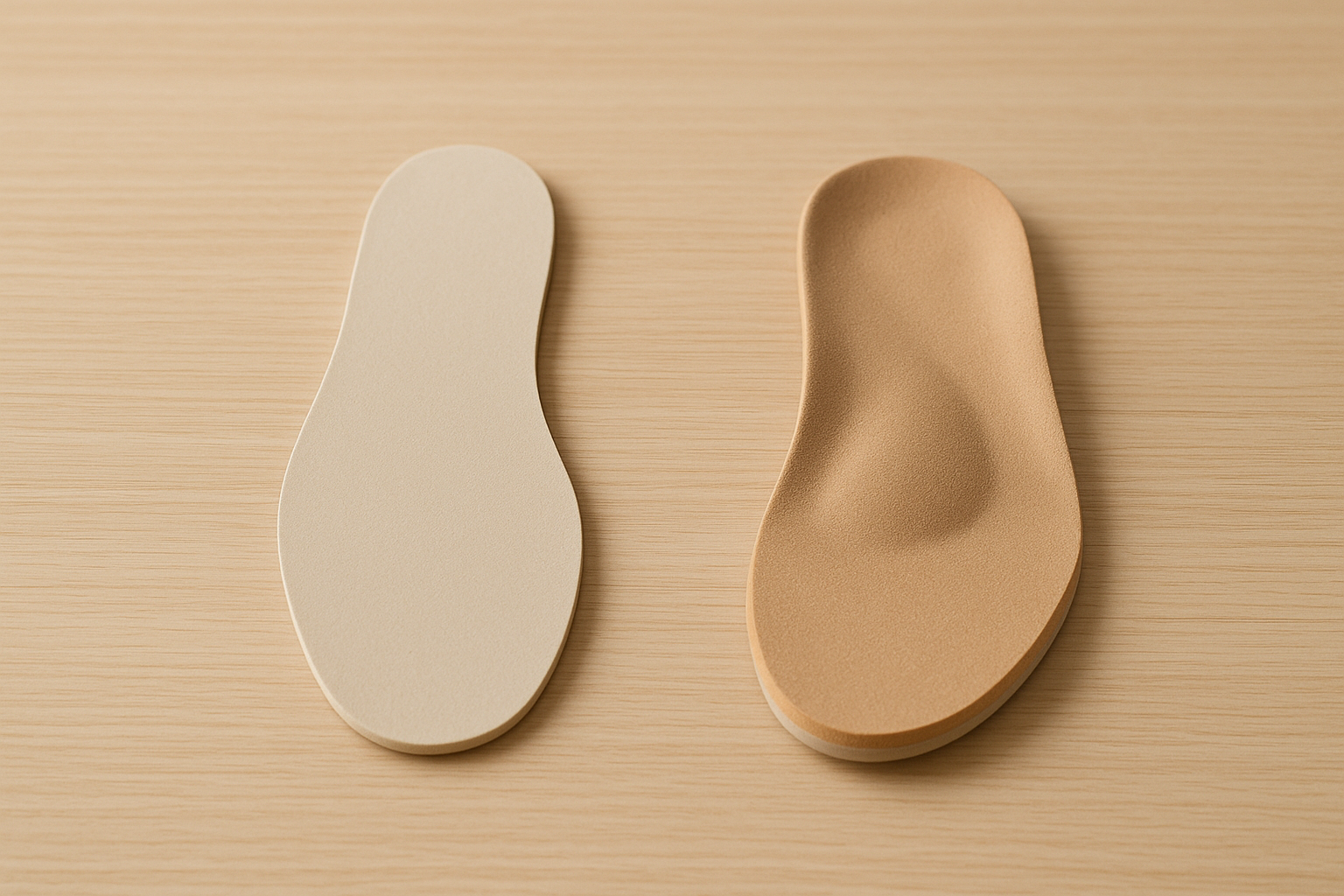 Side-by-side comparison of a flat generic insole and a contoured custom orthotic