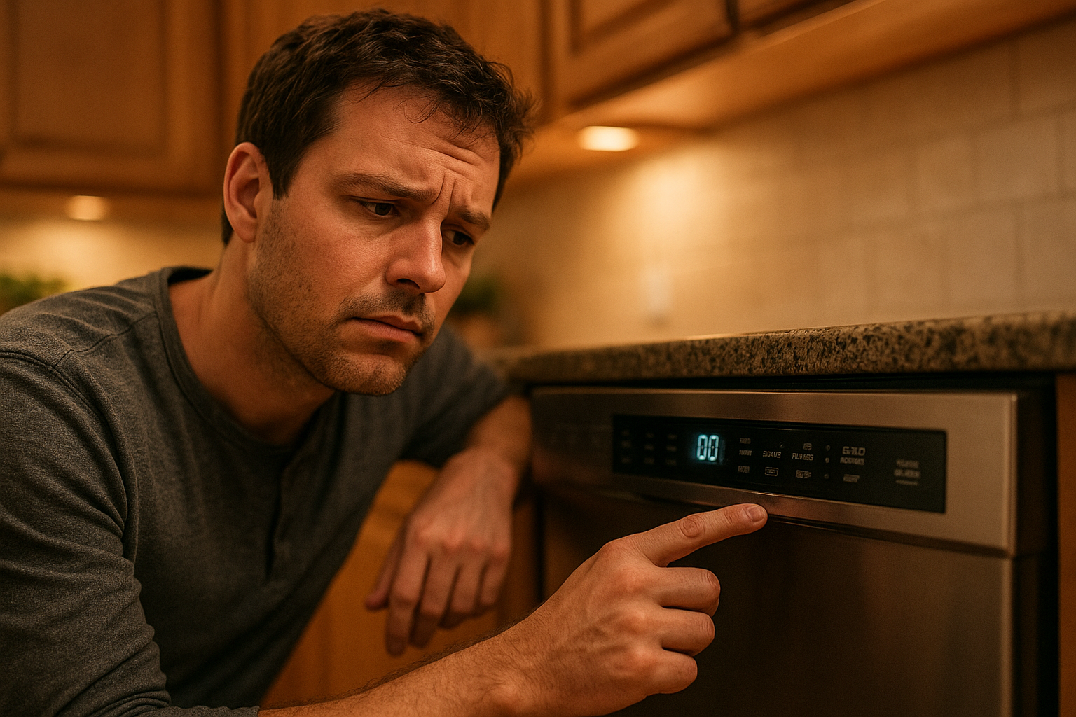 Homeowner checking dishwasher control panel error codes before contacting a repair technician