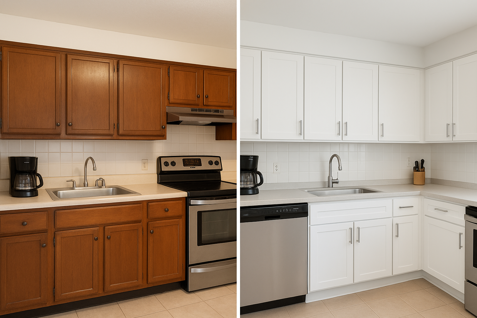Before and after kitchen cabinet refacing showing dramatic transformation without a full remodel
