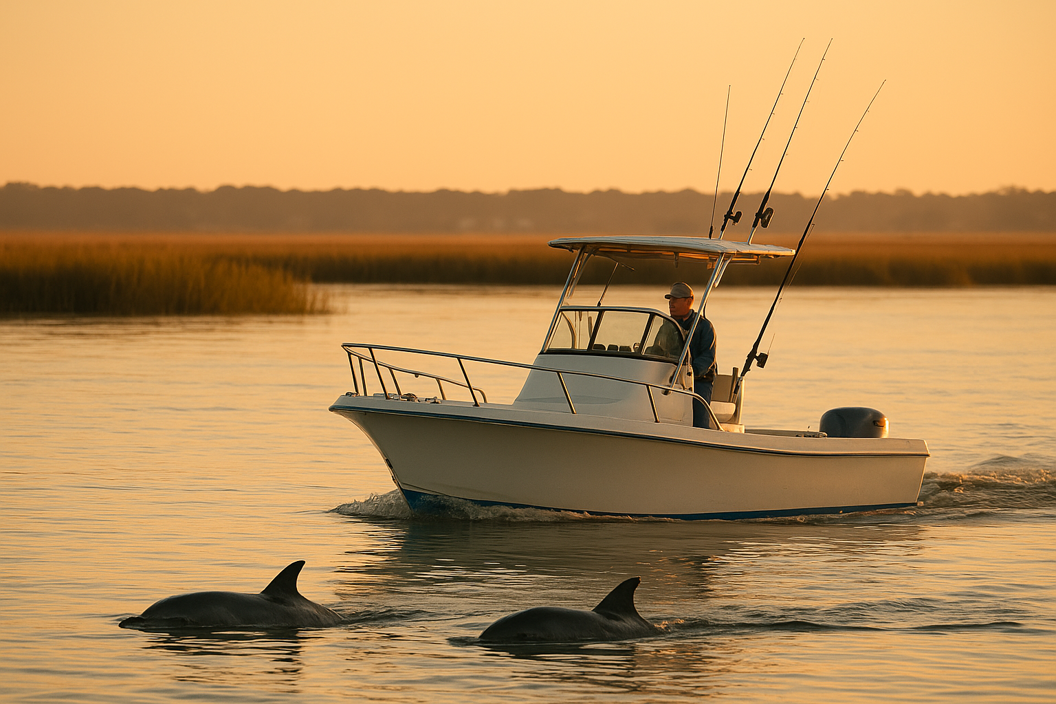 Dolphins surfacing beside a private wildlife fishing tour Myrtle Beach boat at sunset