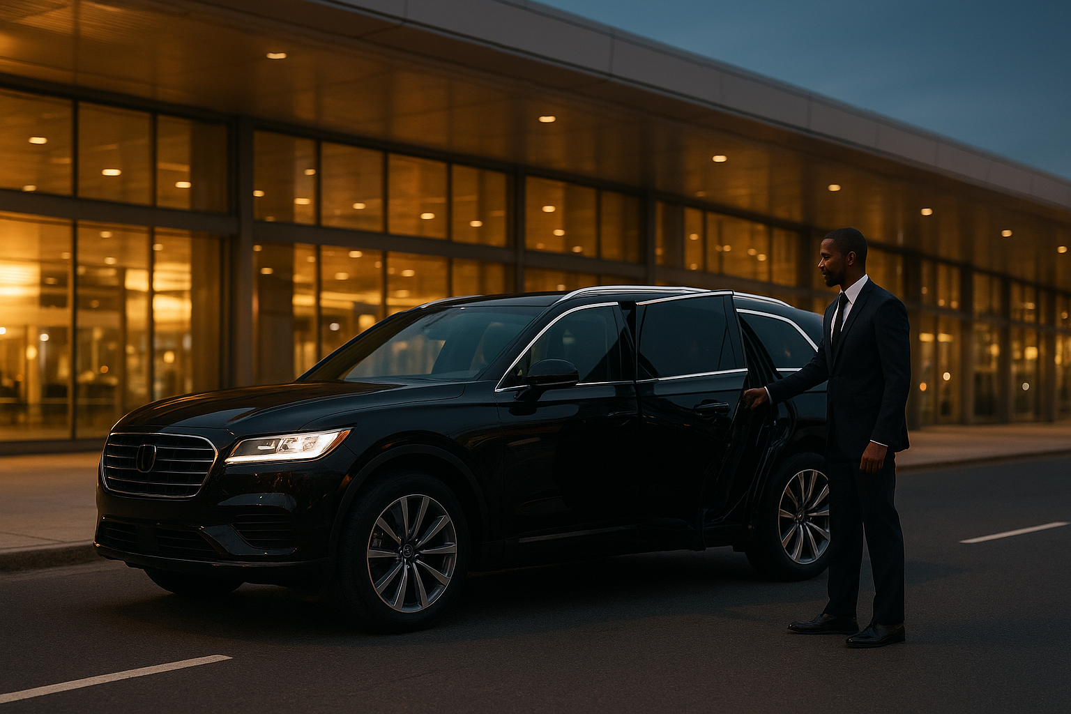 Chauffeur opening the door of an executive SUV during a point to point transfer at the airport