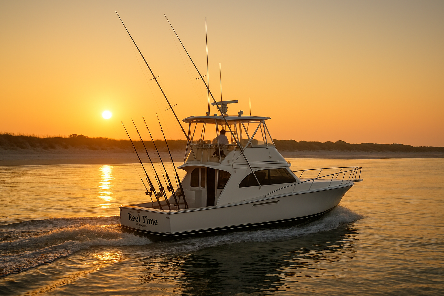 Charter boat heading out for Ocean Isle Beach shark fishing expeditions at sunrise