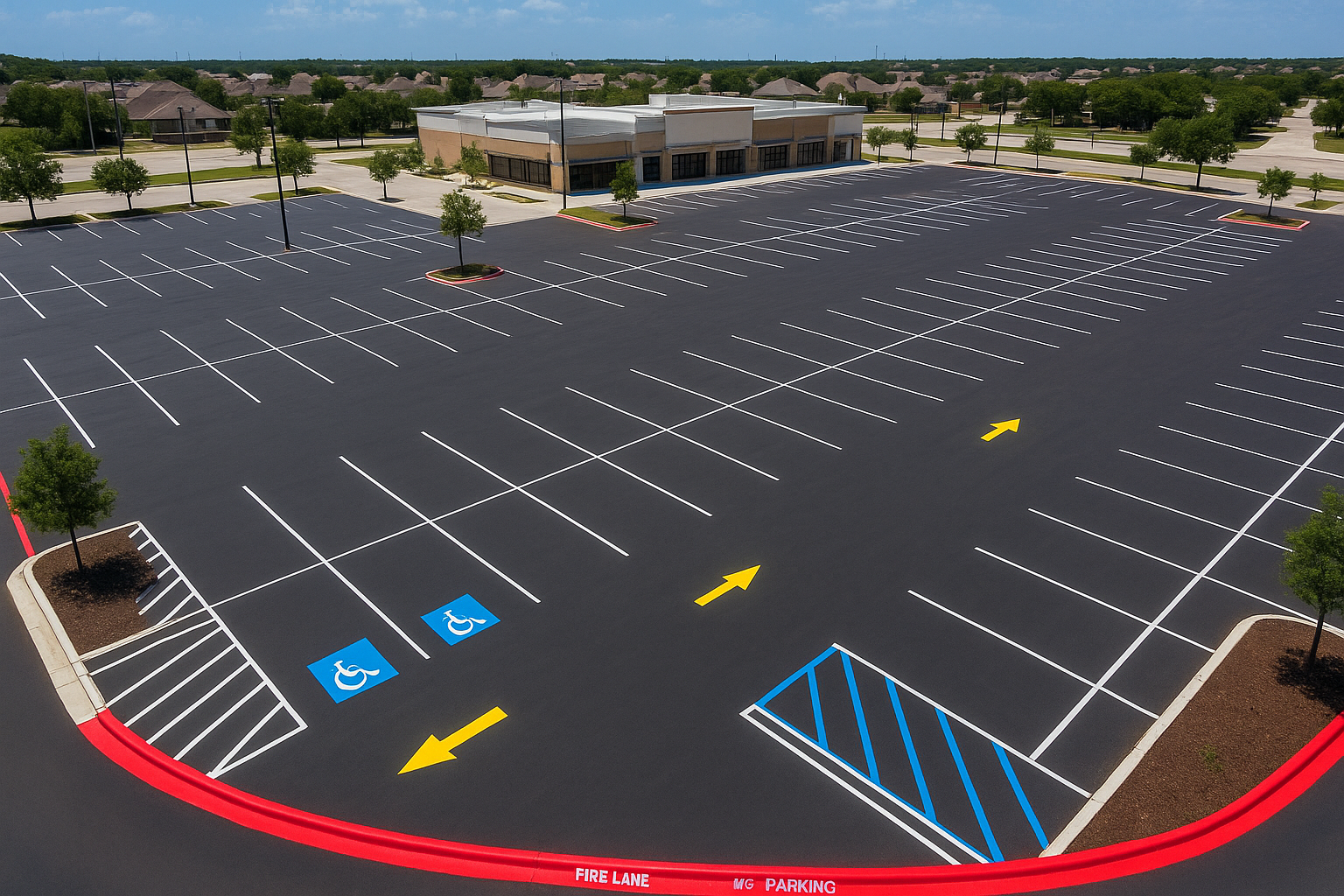 Aerial view of a completed parking lot line marking service showing organized stall lines, ADA accessible spaces, and red fire lane markings