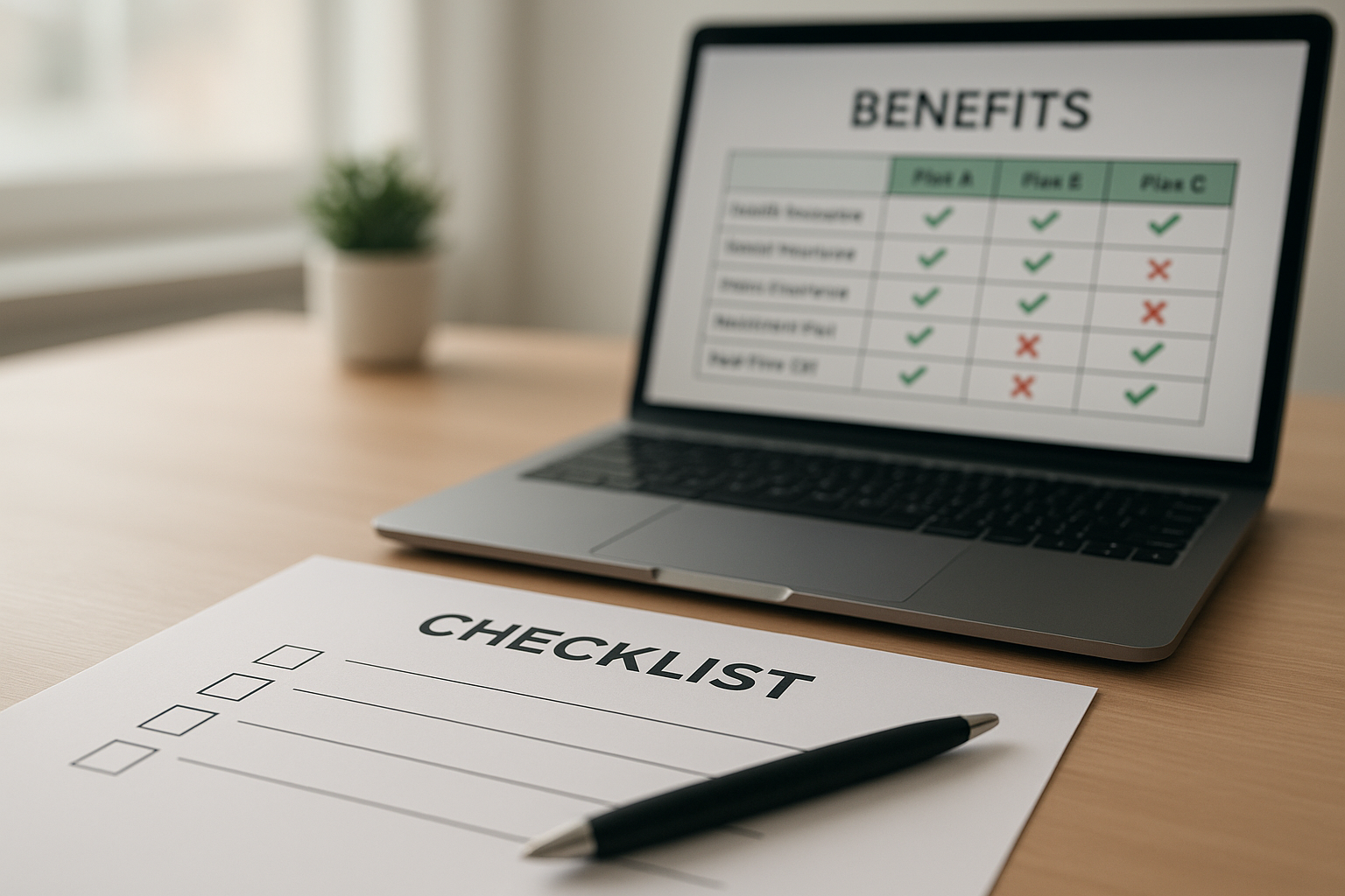 Checklist and spreadsheet used to compare employee benefits providers before signing a contract