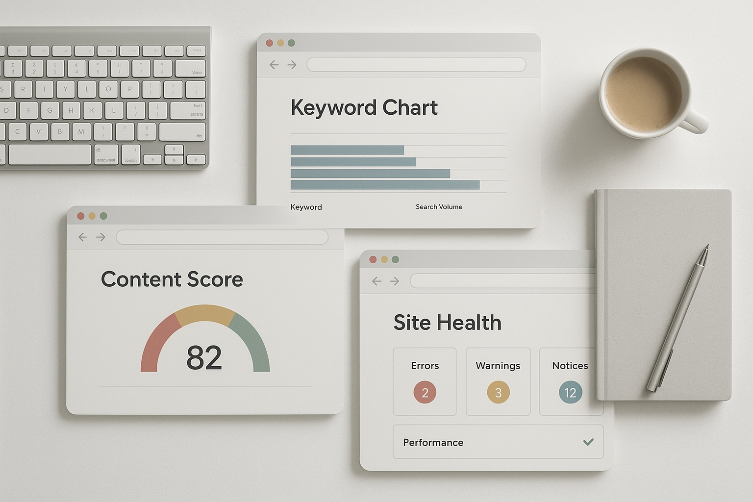 A lean SEO software stack for content creators showing keyword research, content scoring, and site monitoring tools side by side