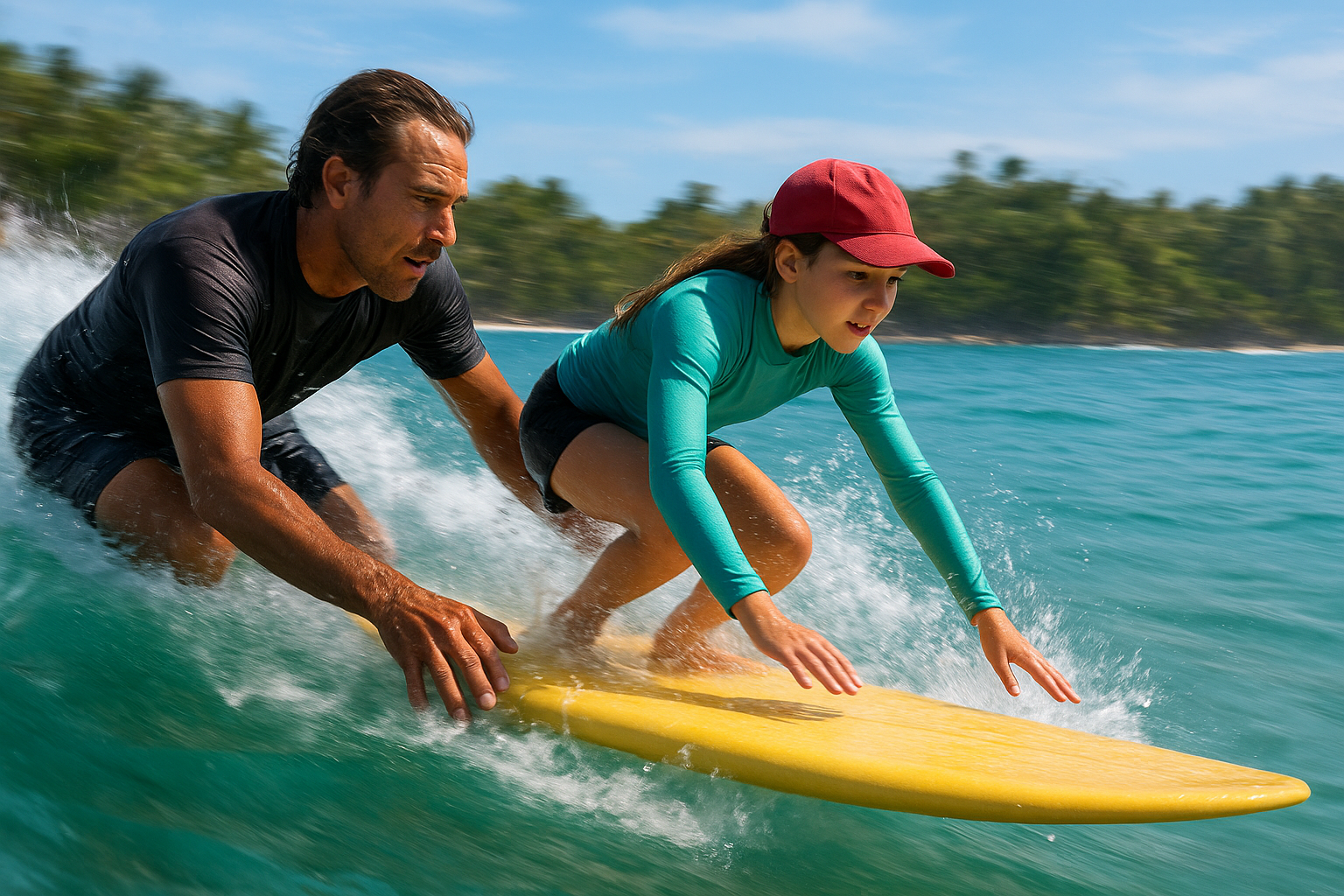 Surf instructor assisting an adult beginner catching a wave in Hawaii