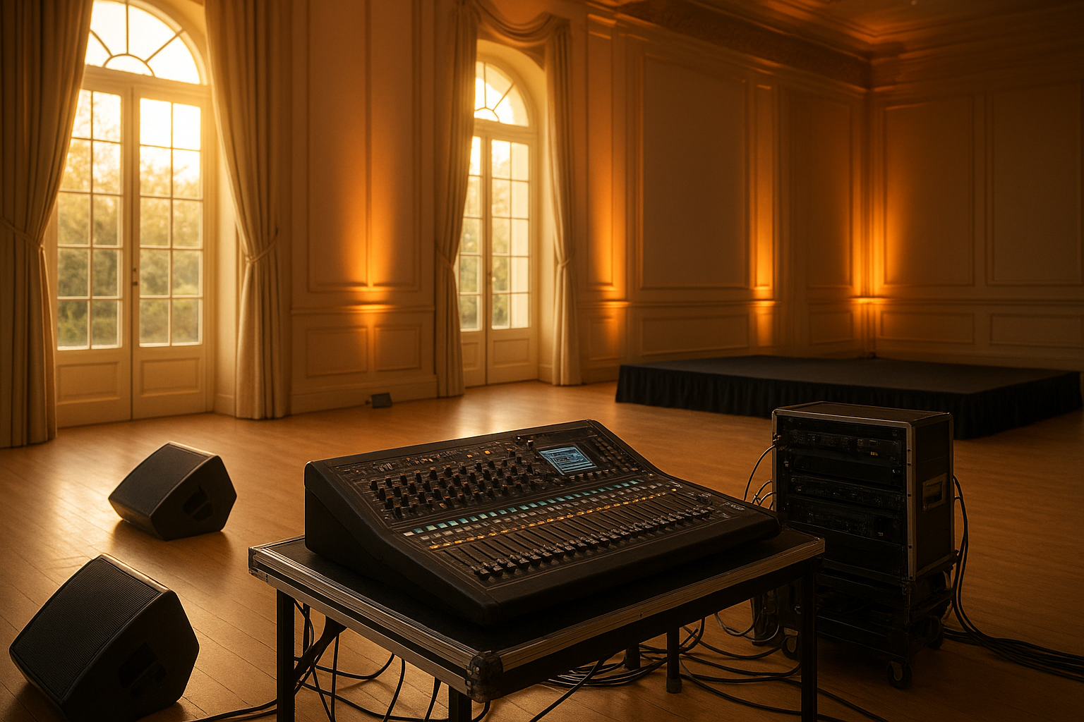 AV rental near me setup with mixing console and stage lighting at a Tri-State area event venue