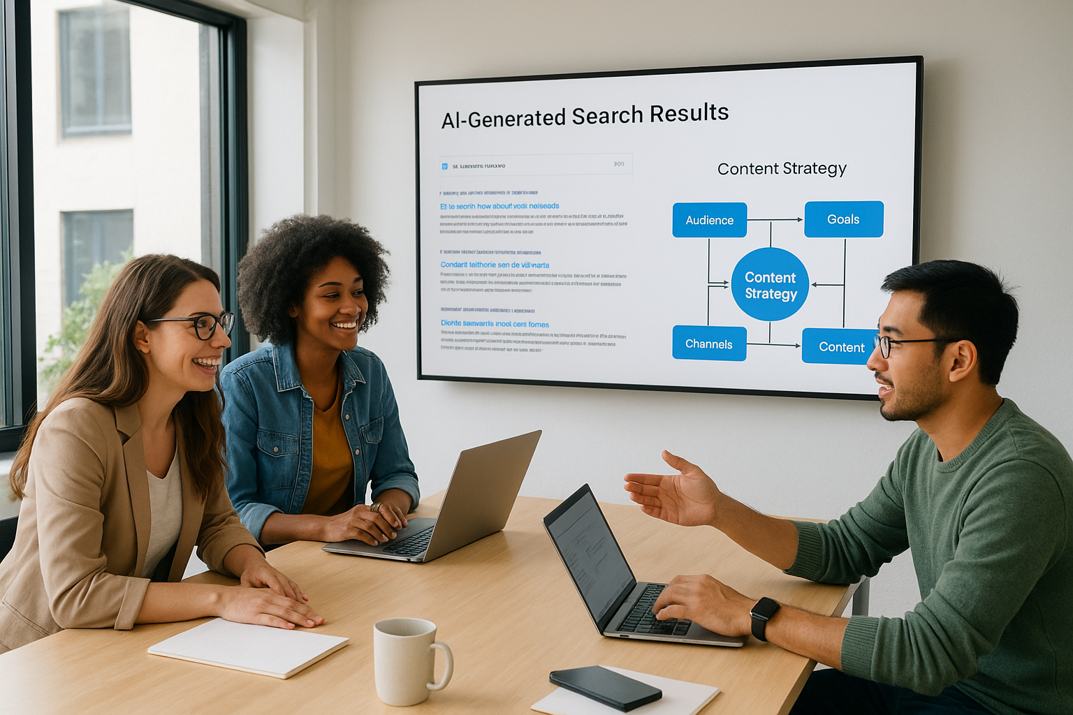 Digital marketing team reviewing an AI-powered search optimization strategy on a shared screen