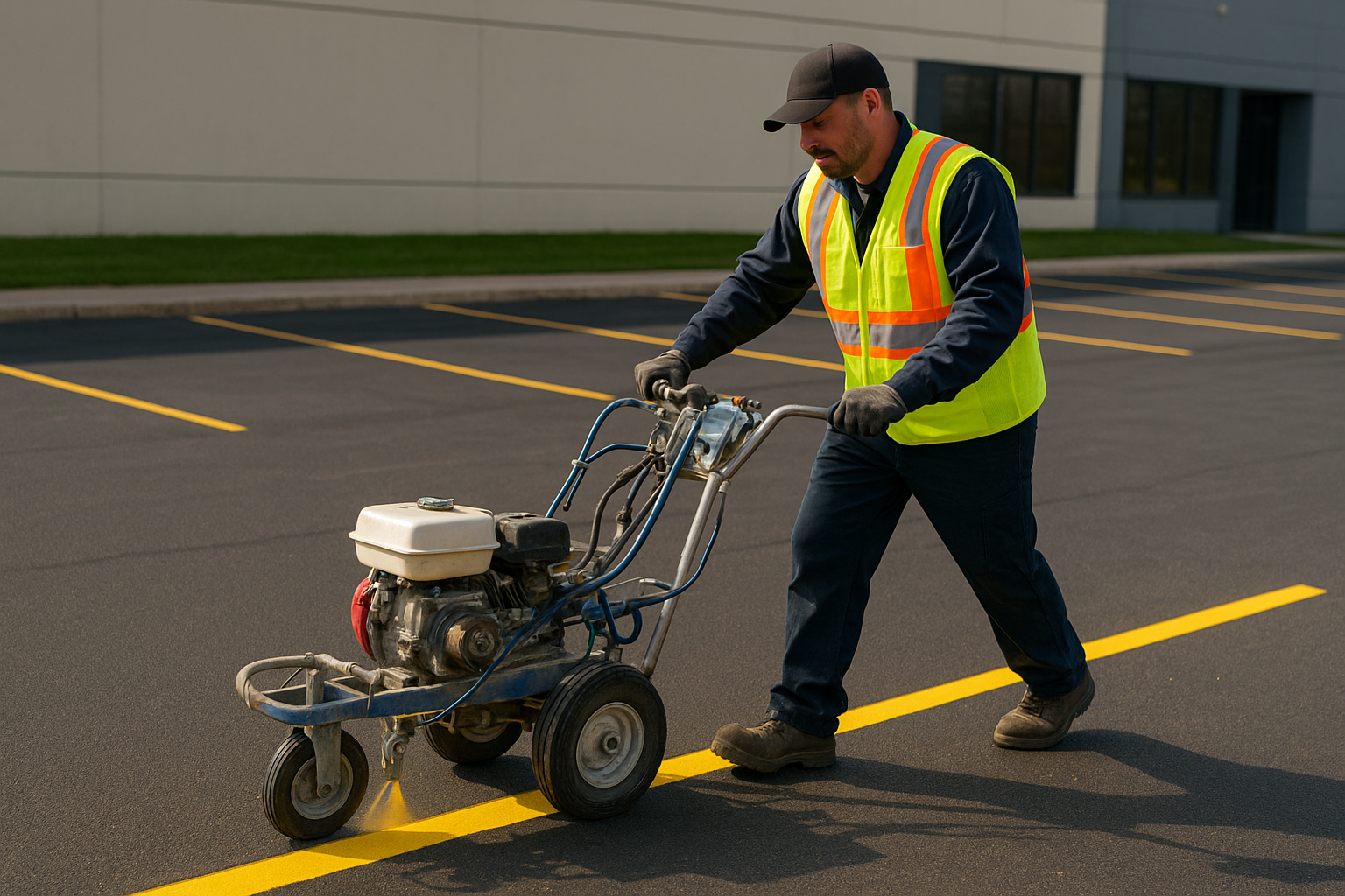 Striping technician applying fresh line paint to a commercial parking lot