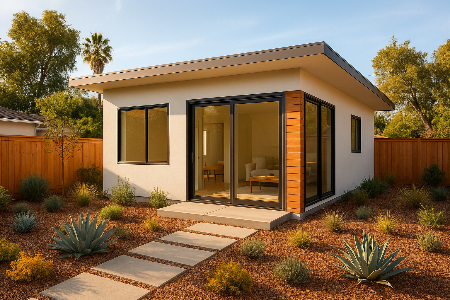 Modern permitted ADU design as a detached backyard guest house in Southern California