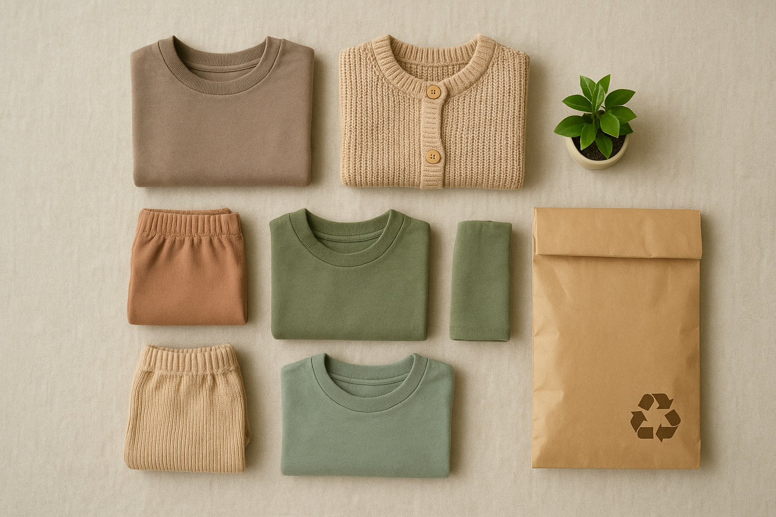 Flat lay of premium rental children's clothing folded neatly on a linen surface with sustainable packaging elements
