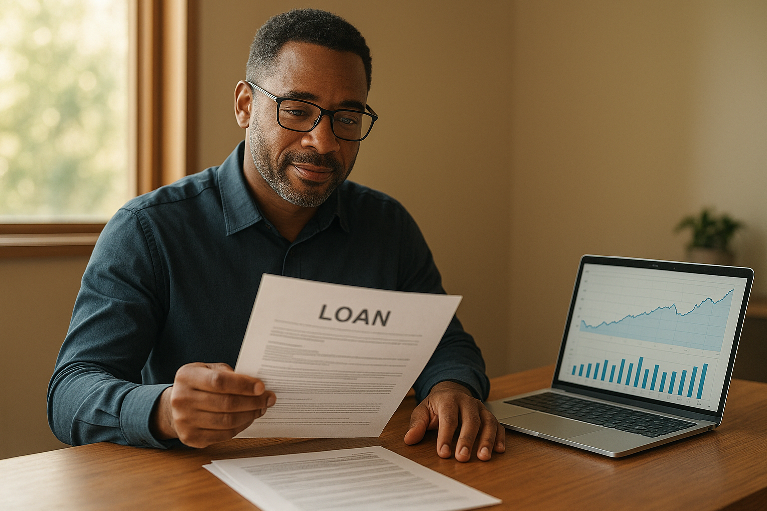 small business owner reviewing small companies loan paperwork at a desk