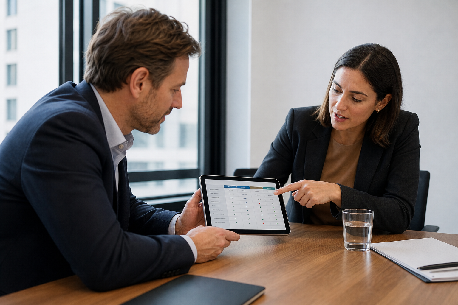 Business professionals comparing AI CRM integration options during a planning meeting