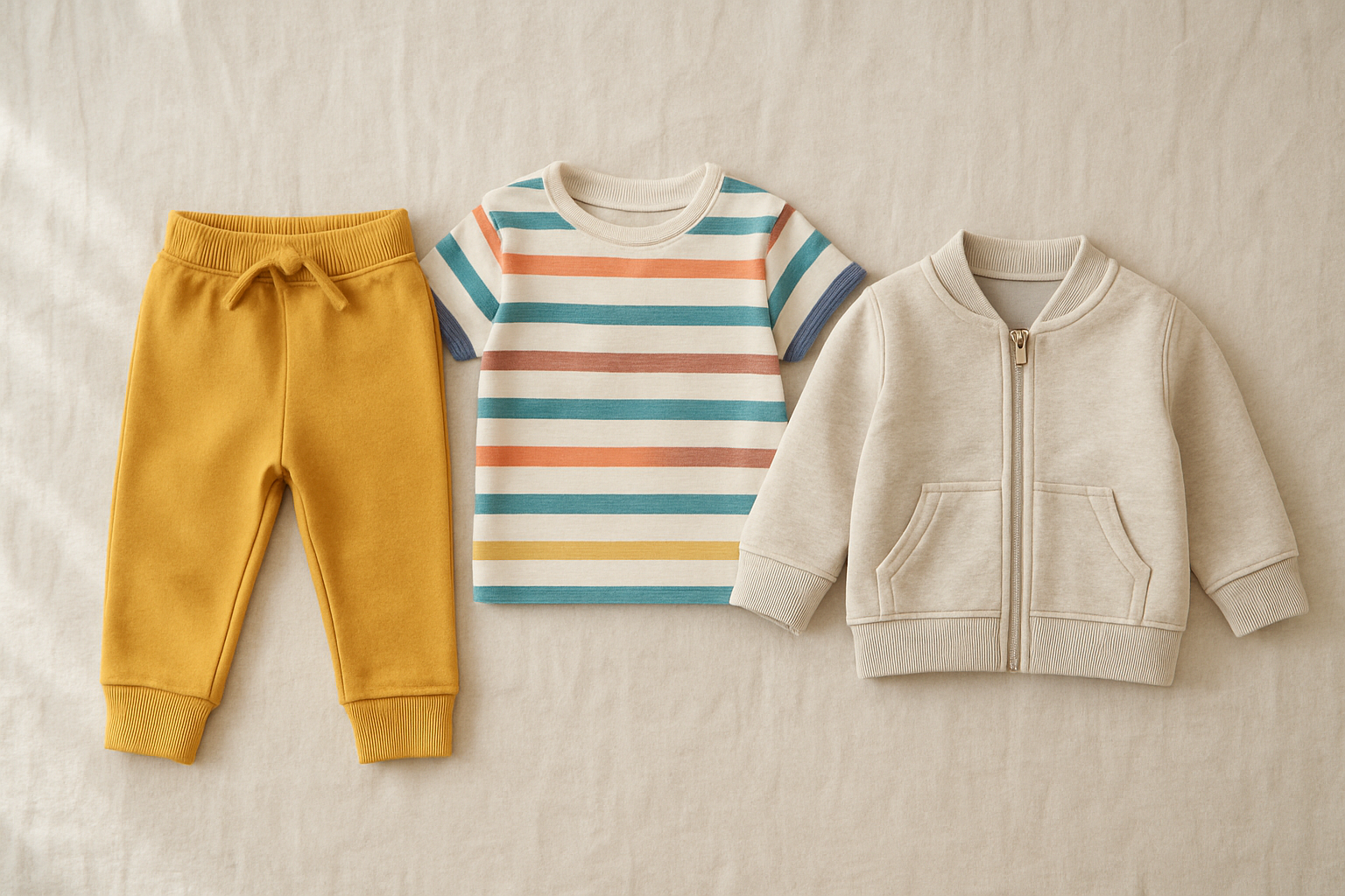 Curated rental clothes for toddlers displayed as a flat lay on a cream linen surface