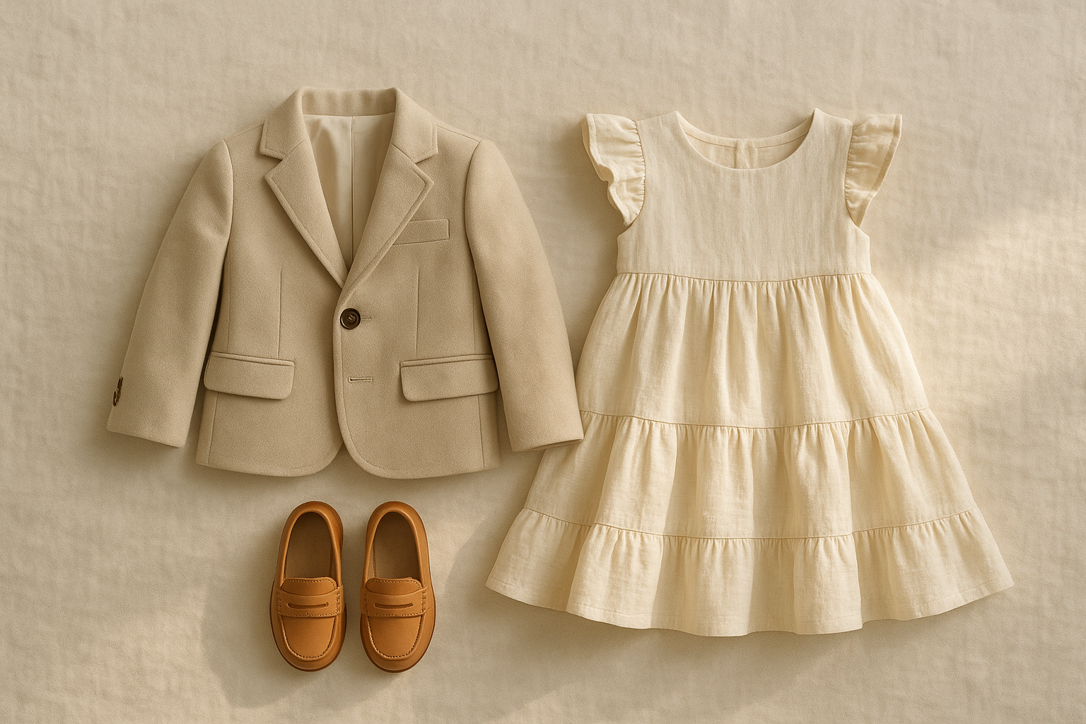 Curated designer kids clothing rental items laid out on a cream linen surface