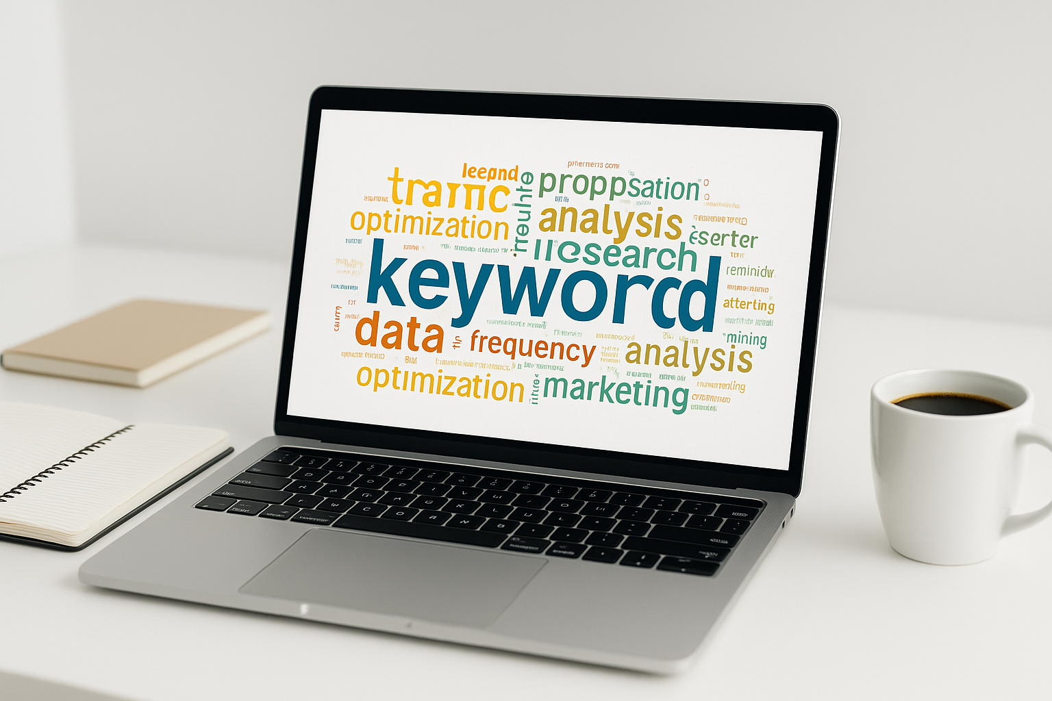 Laptop screen showing keyword frequency word cloud for automated text keyword identification